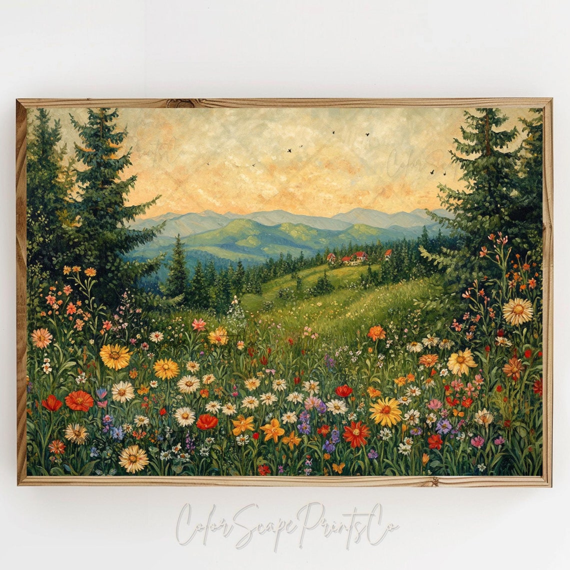 Mountain Meadow Wildflowers and Cabins Summer Landscape Poster