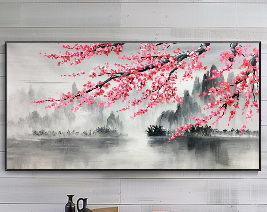 Red Cherry Blossom Mountain Landscape Art Print, Minimalist