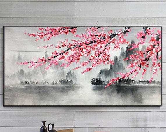 Red Cherry Blossom Mountain Landscape Art Print, Minimalist