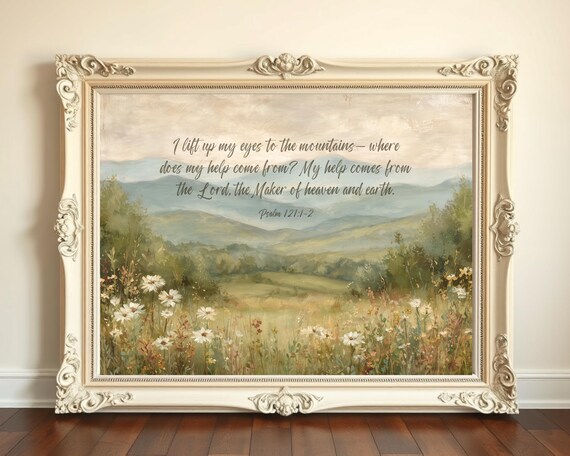 Psalm 12112 Bible Verse Wall Art My Help Comes From The Lord Floral Mountain Landscape Print Scripture Christian Gift