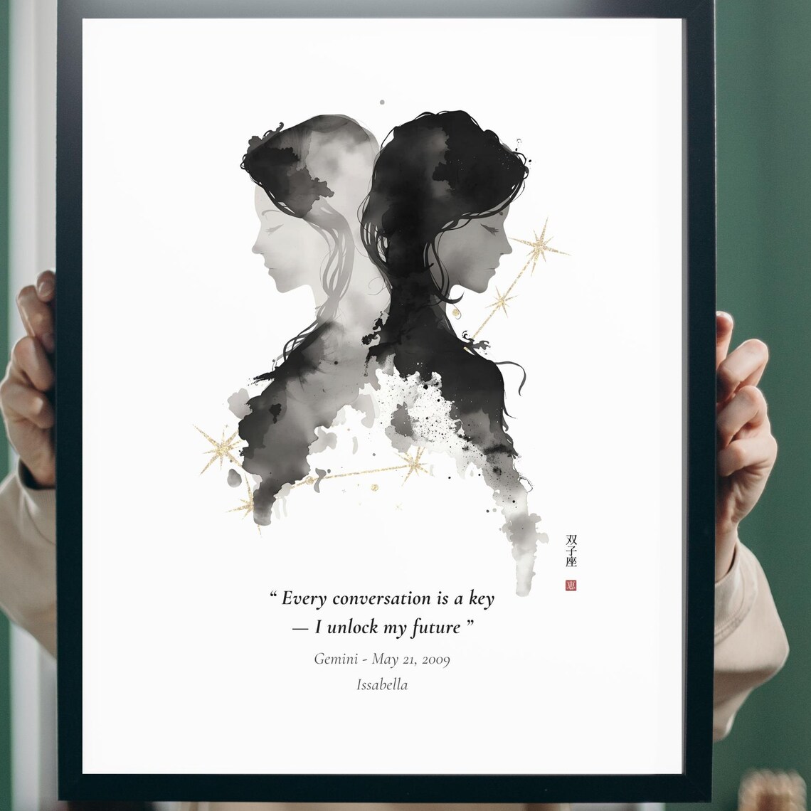 Gemini Zodiac Birthday Poster Custom Black Ink Twin Faces Constellation