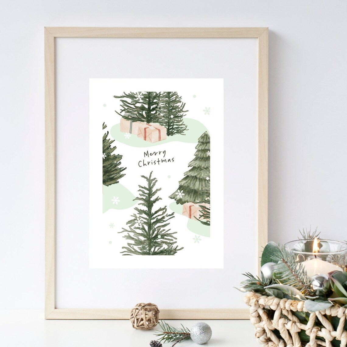 Merry Christmas Watercolor Trees and Gifts Holiday Poster Decor - Image 2