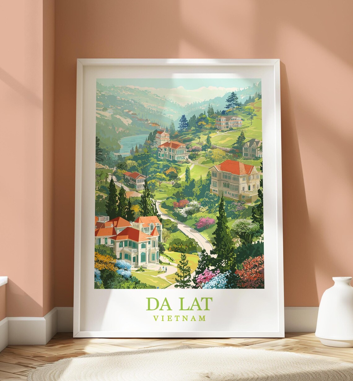Da Lat Vietnam Vintage Travel Poster French Villas Hillside View