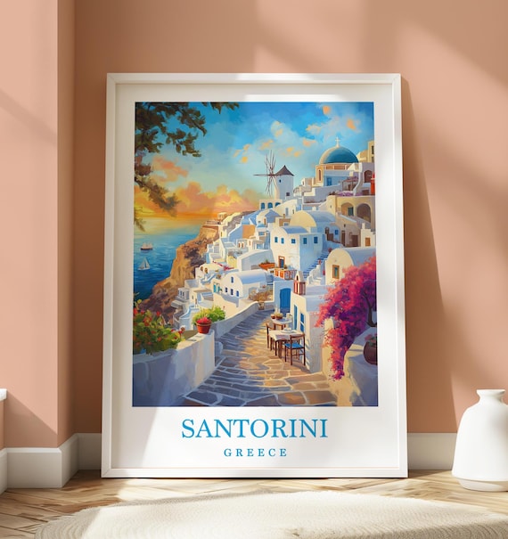 Santorini Greece Oia Windmill Sunset Cliffside Travel Poster