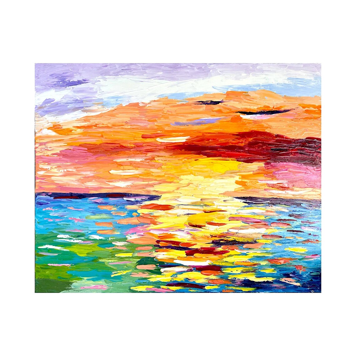 Abstract Ocean Sunset Painting Orange Clouds Golden Waves Colorful Wall Art