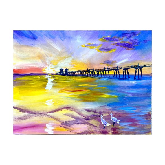 Ocean Pier Sunset Purple Sky Two White Egrets Beach Painting Poster