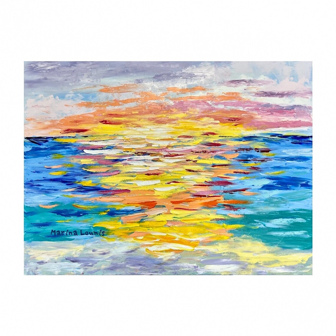 Abstract Sunset Ocean Painting Yellow Pink Waves Artist Signed Wall Art Print