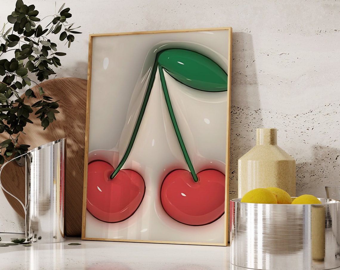 Glossy Red Cherries 3D Retro Fruit Illustration Kitchen Wall Art - Image 3