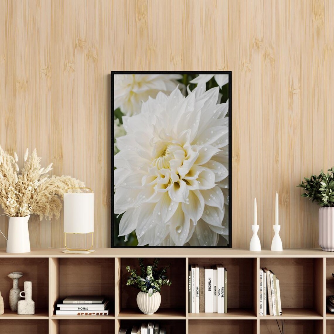 White Dahlia Flower Dew Drops Macro Botanical Photography Art Poster - Image 4