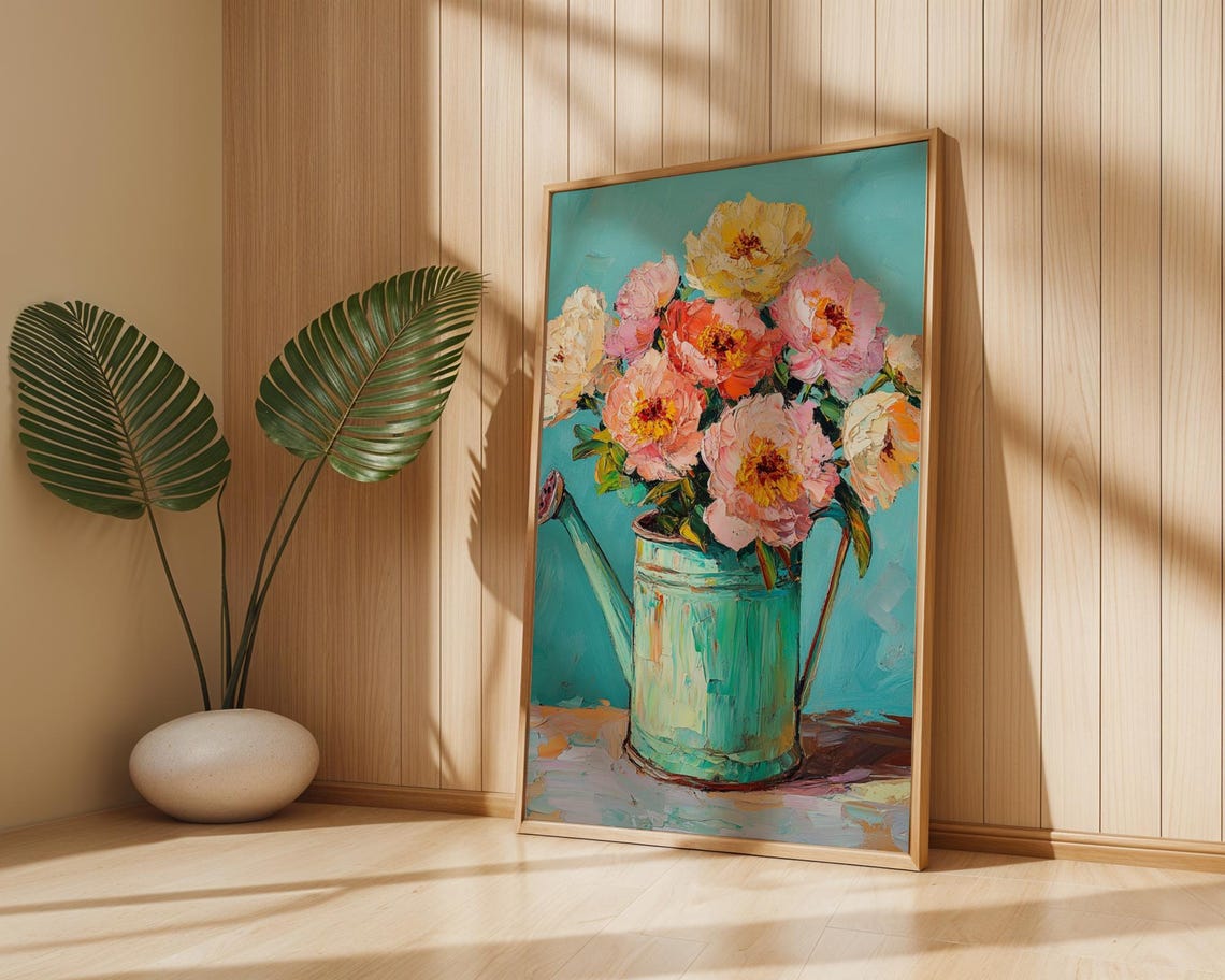 Pink Rose Blooms Teal Watering Can Turquoise Still Life Art Poster - Image 4