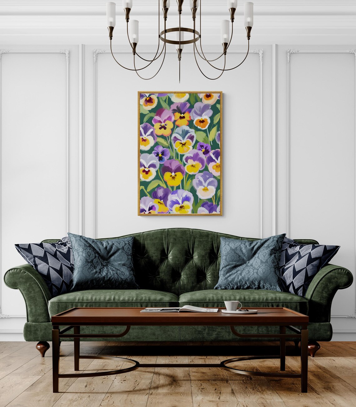 Purple Yellow Pansy Flower Field Painterly Botanical Wall Art Print Poster - Image 3