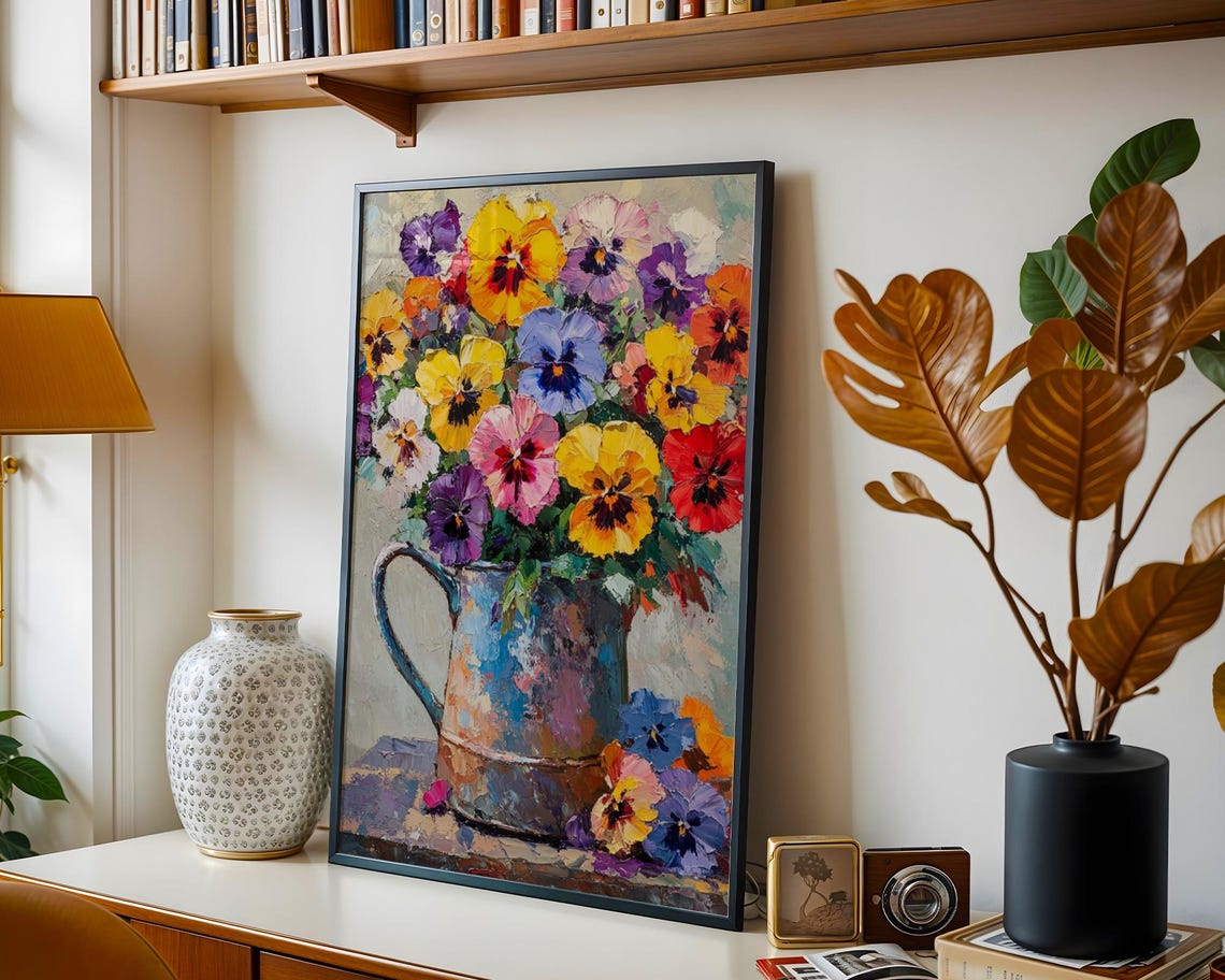 Colorful Pansy Bouquet Rustic Watering Can Impressionist Art Poster - Image 4