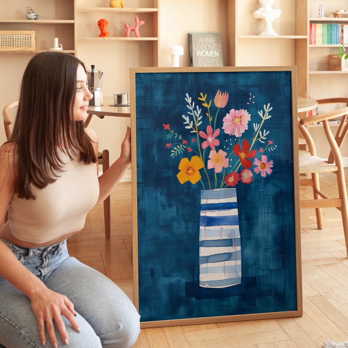 Colorful Floral Bouquet Blue Striped Vase Teal Background Poster