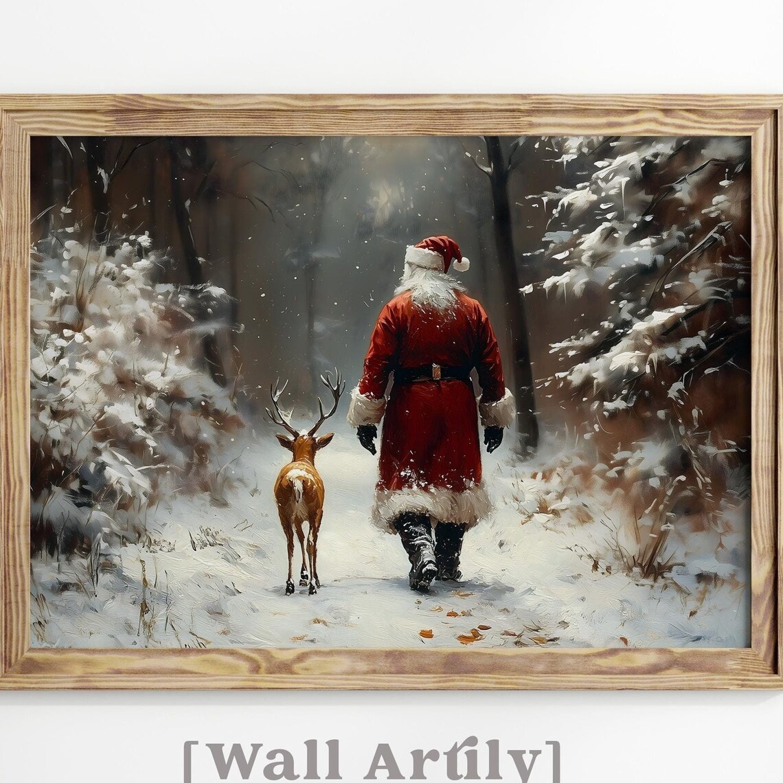 Santa Claus And Reindeer Walking Away Into Snowy Woods Poster