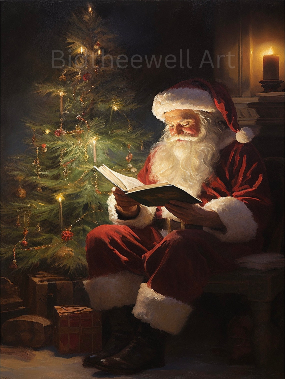 Santa Claus Reading By The Christmas Tree Warm Firelight Poster - Image 2