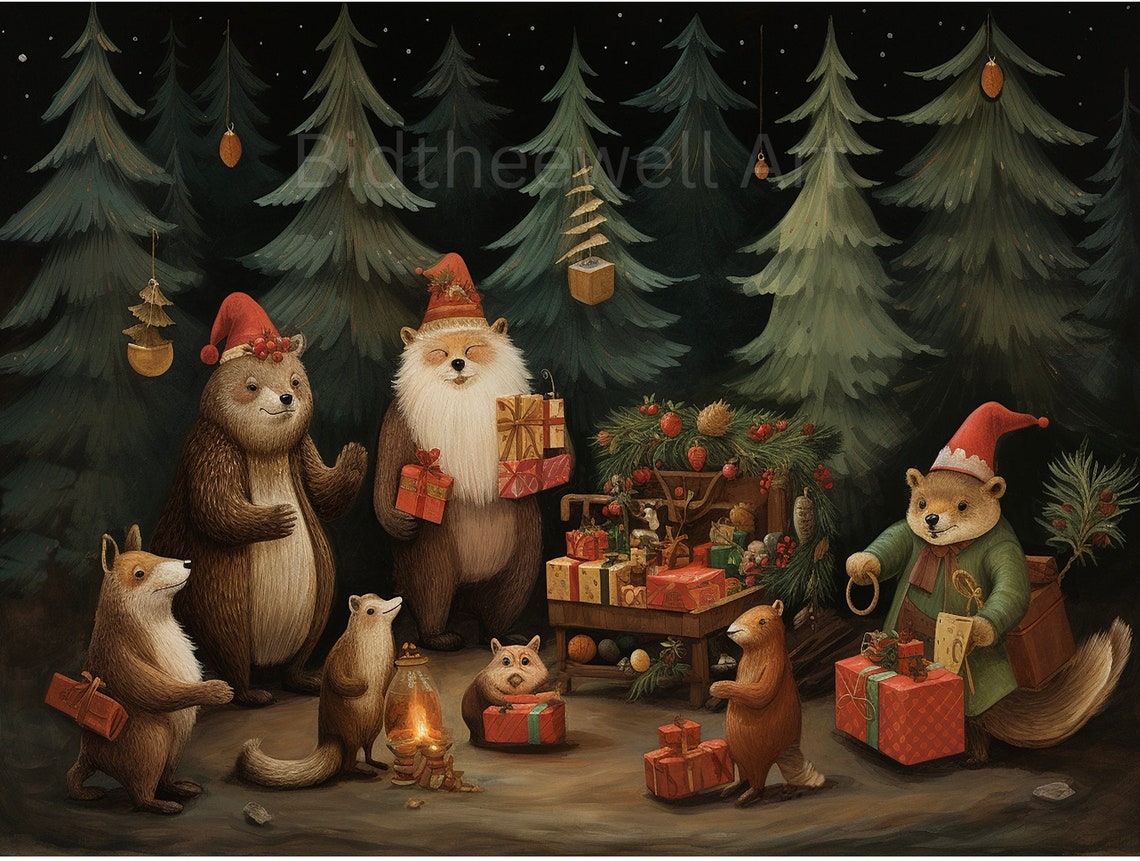 Woodland Animals Christmas Gift Exchange Night Forest Poster - Image 2