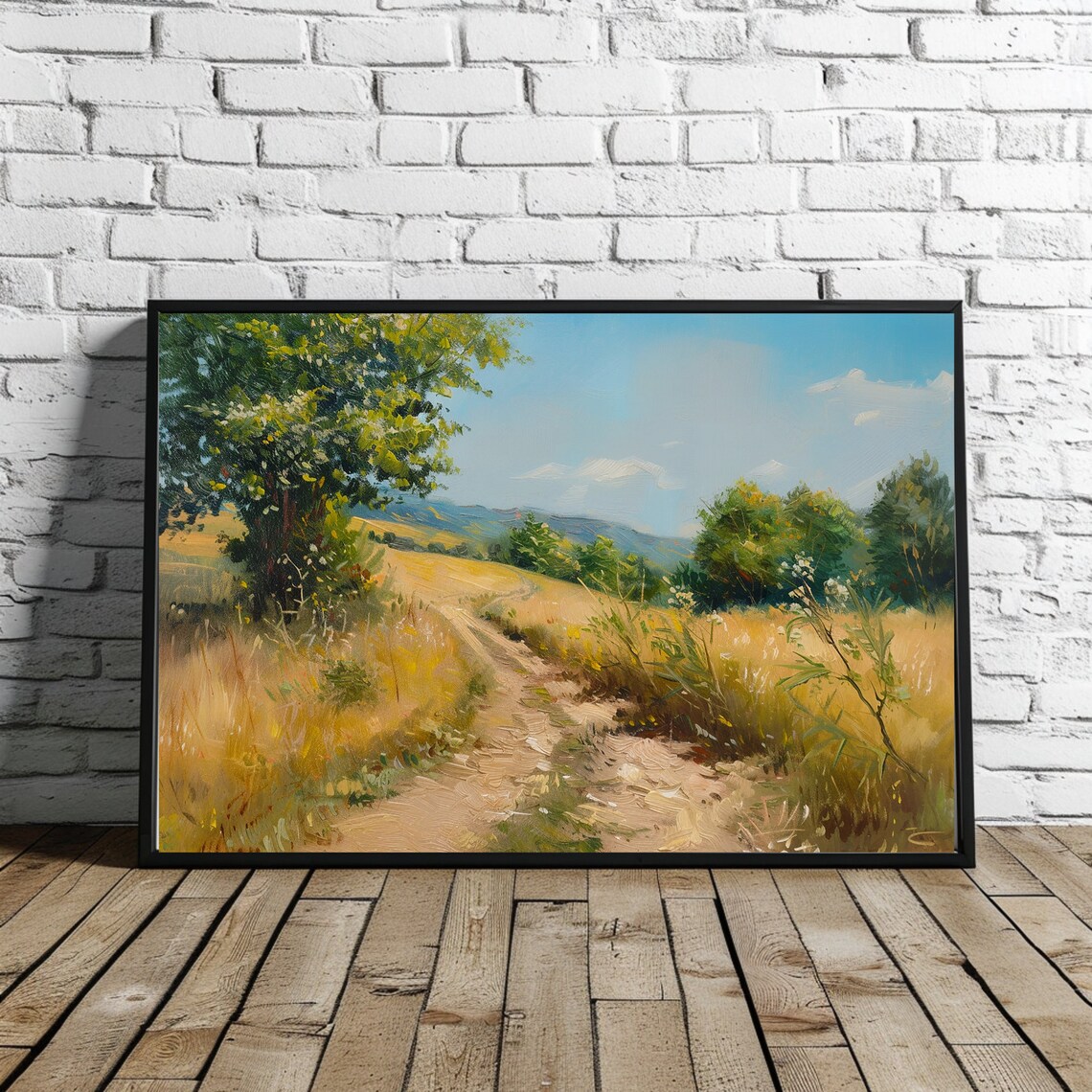 Country Road Through Golden Wheat Field Landscape Painting Poster