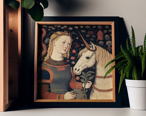 Medieval Unicorn And Girl Vintage Art Print