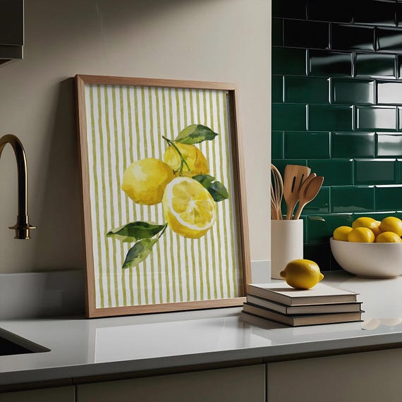 Yellow Stripe Lemon Kitchen Wall Art Coastal Fruit Decor Citrus Work For Summer Cottage Dining Room
