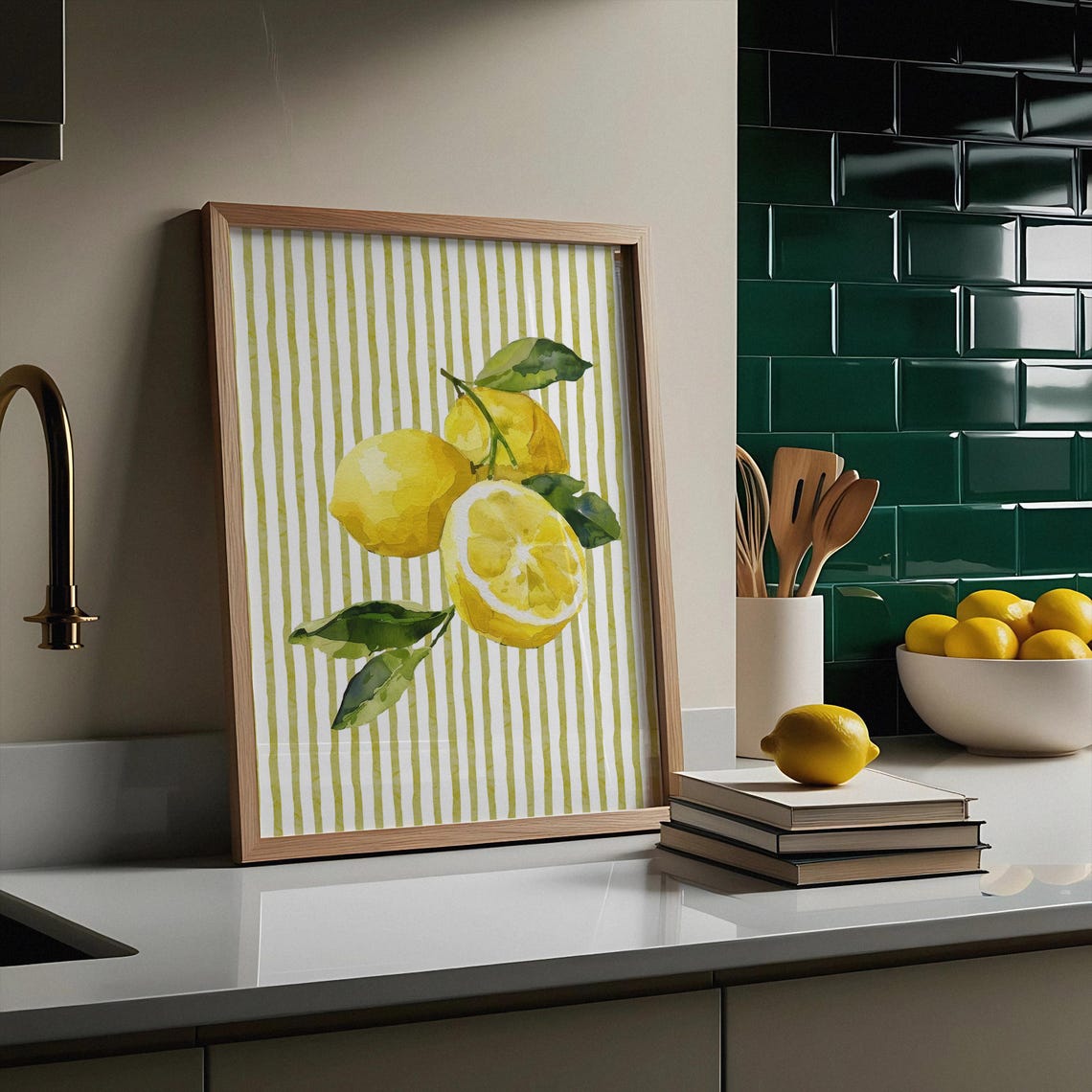 Watercolor Lemons On Olive Green Stripes Kitchen Citrus Wall Art