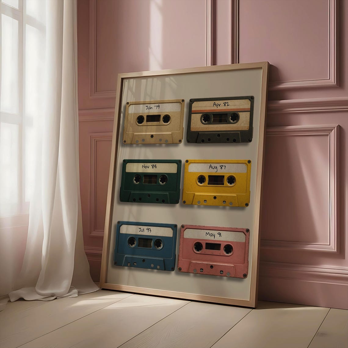 Vintage Cassette Tapes Labeled Dates 70s 90s Music Nostalgia Wall Art