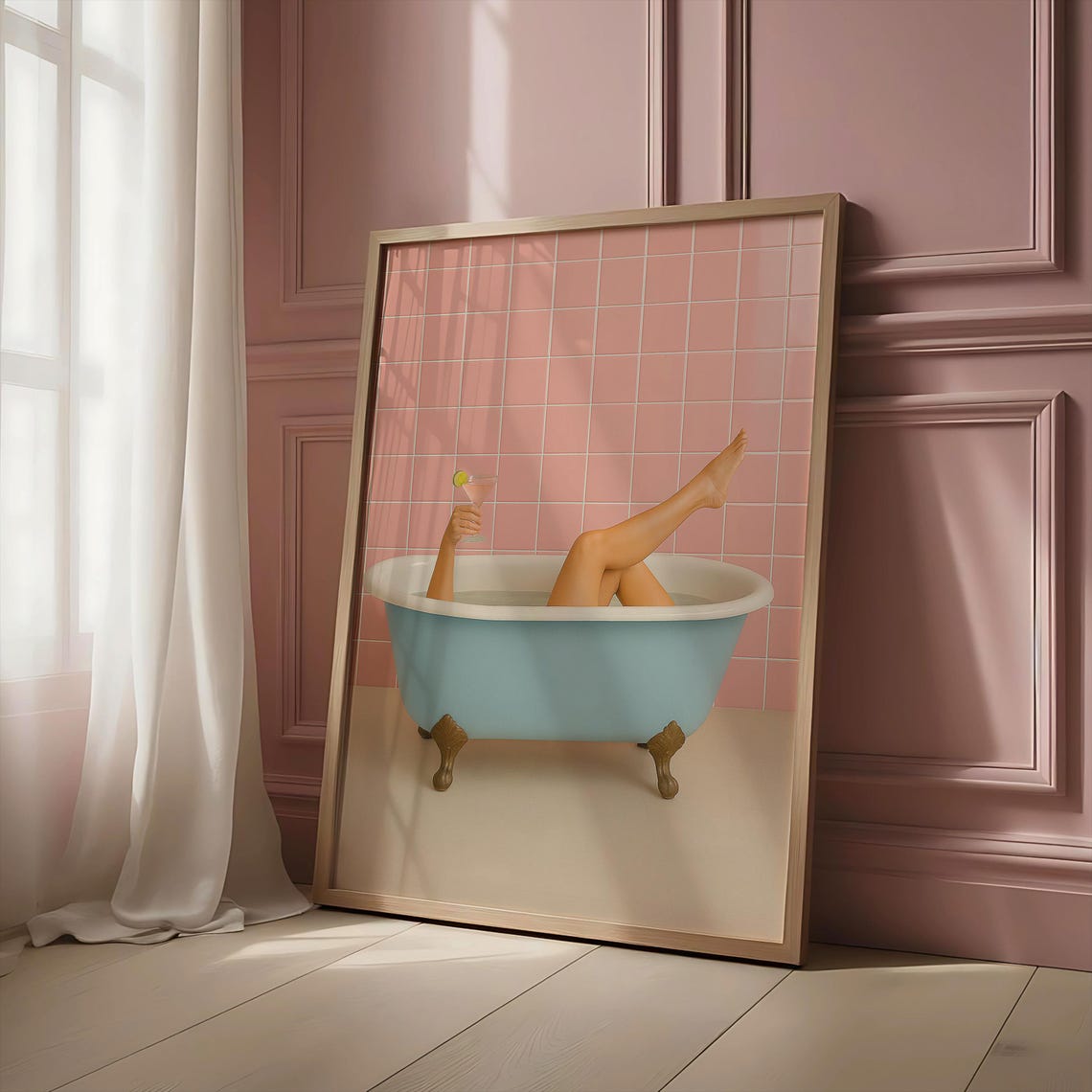 Relaxing Bathtub Soak With Cocktail Pink Tile Bathroom Poster