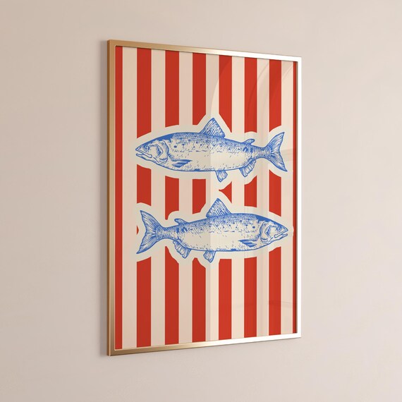 Vintage Fish Illustration Trendy Wall Art Retro Collage Dorm Decor Kitchen Print