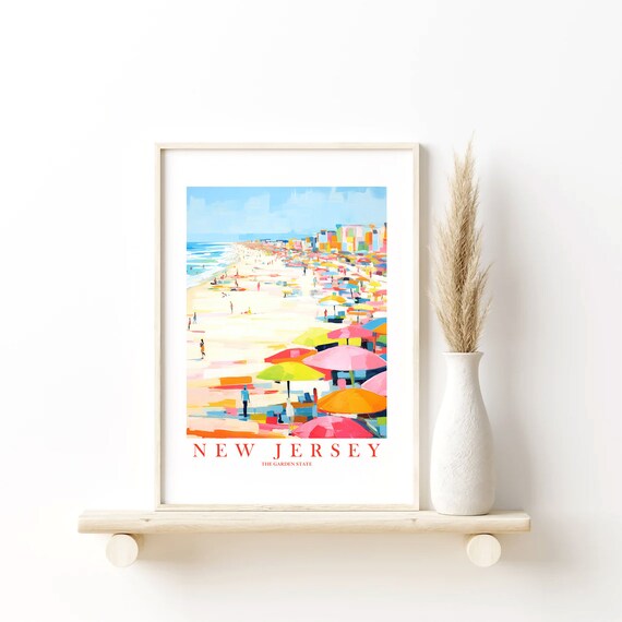 New Jersey Retro Travel Poster, Beach Vacation Art Print