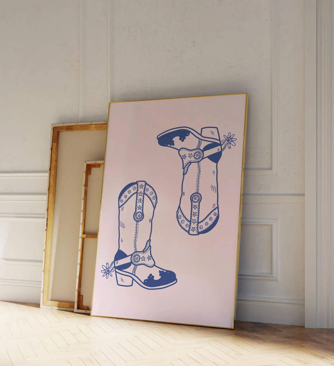 Blue Cowboy Boots Western Line Drawing On Pink Coastal Poster - Image 3