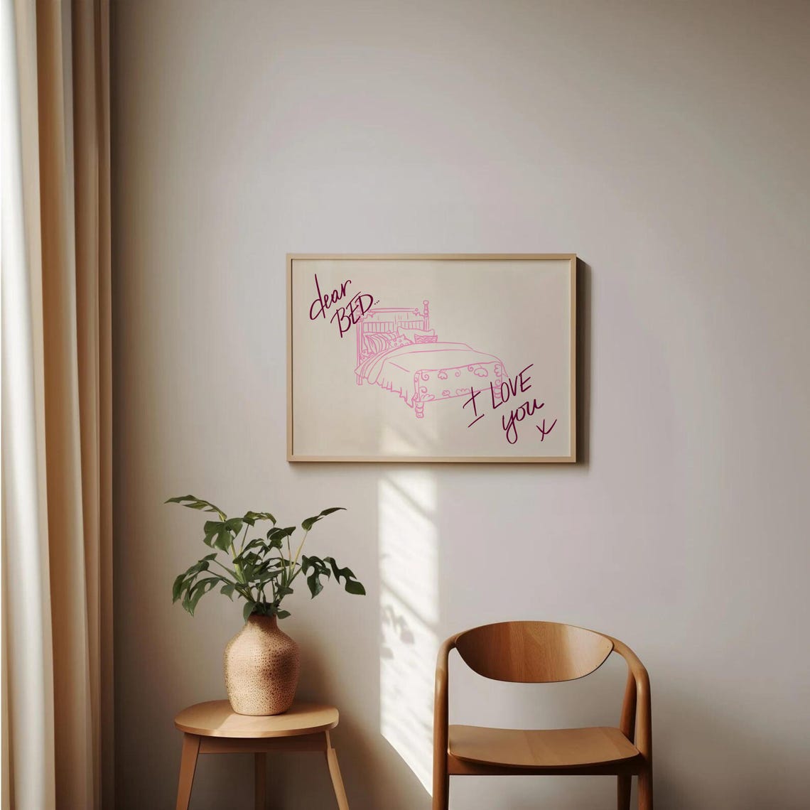 Dear Bed I Love You Pink Line Drawing Bedroom Quote Poster for Dorms - Image 2