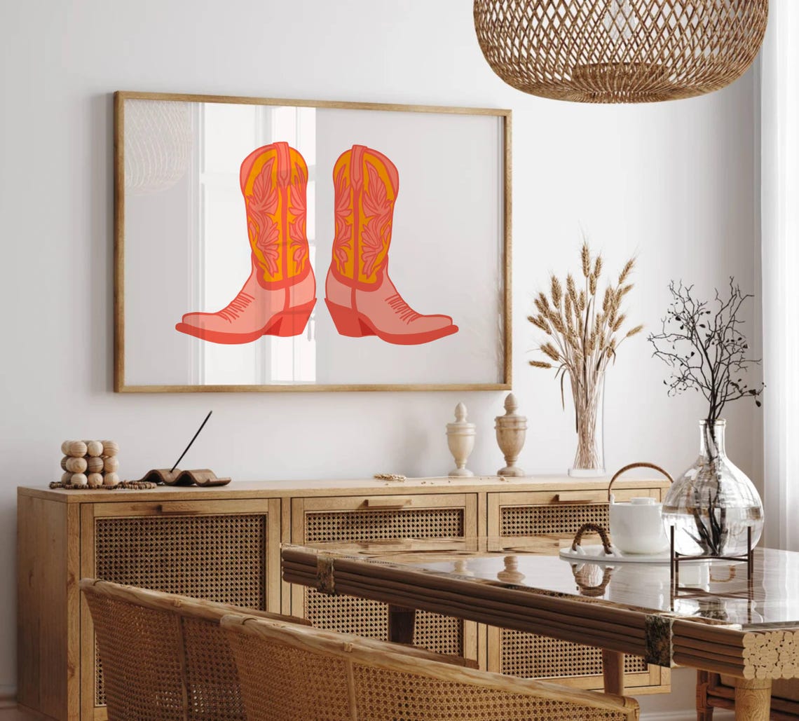 Orange Coral Cowboy Boots Pair Western Horizontal Art Poster - Image 3