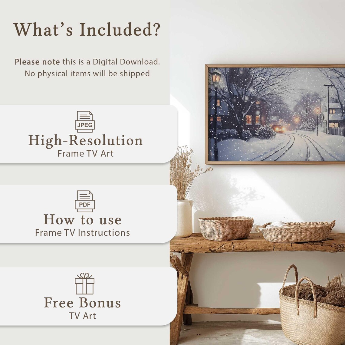 Snowy Village Street Lampposts Nightfall Winter Scene Wall Art - Image 5