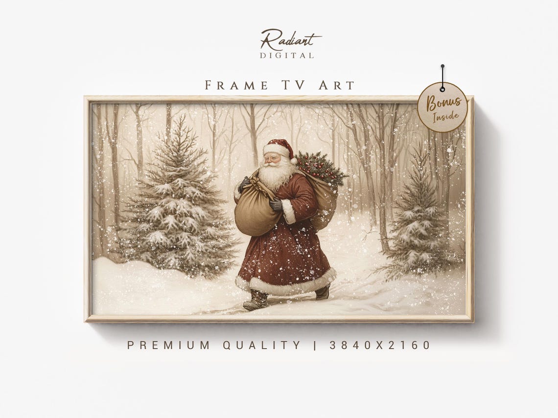 Vintage Neutral Santa Walking Snowy Forest Sketch Style Wall Art