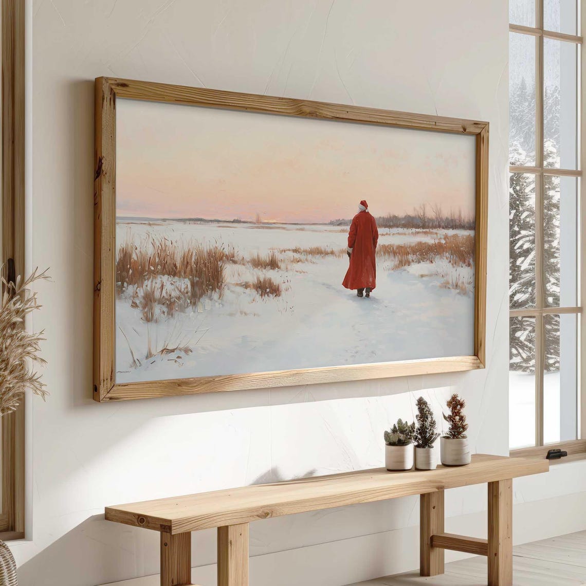 Serene Santa Walking Snowy Field Sunset Winter Scene Wall Art - Image 3