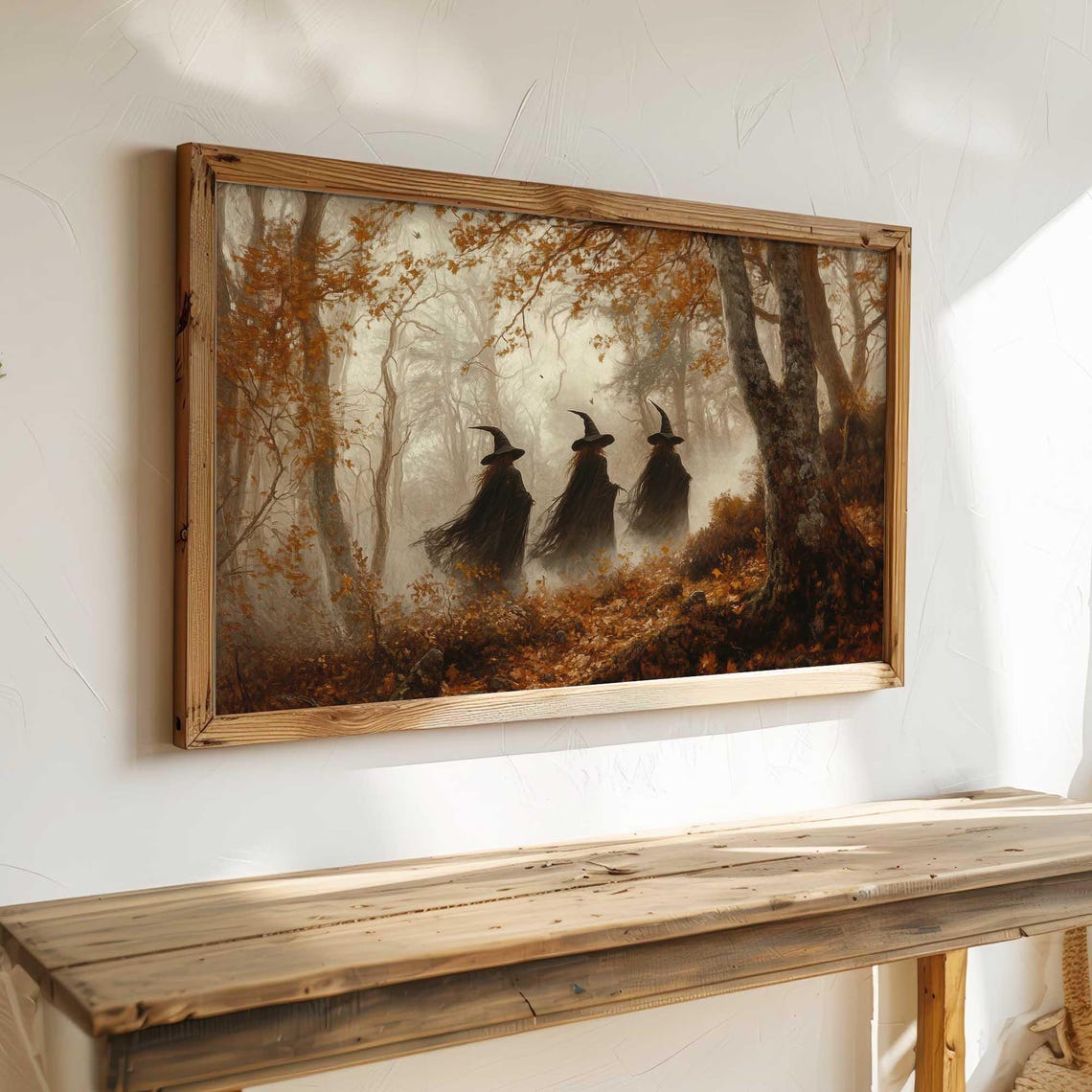 Three Witches in Misty Autumn Forest Halloween Coven Art Poster - Image 3