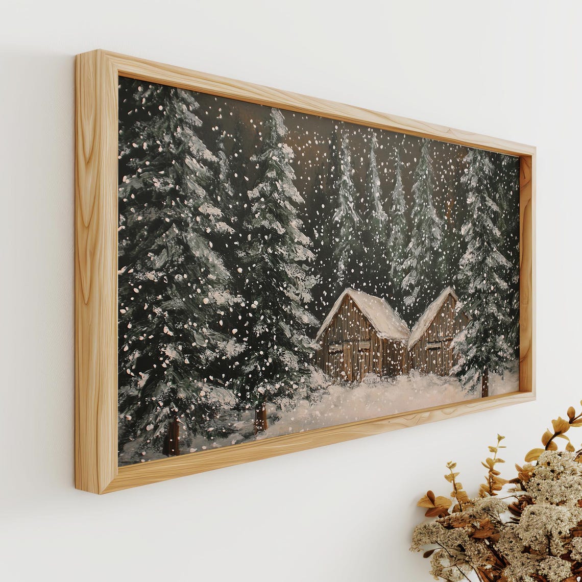 Log Cabins Snowy Pines Falling Snow Winter Watercolor Poster - Image 3