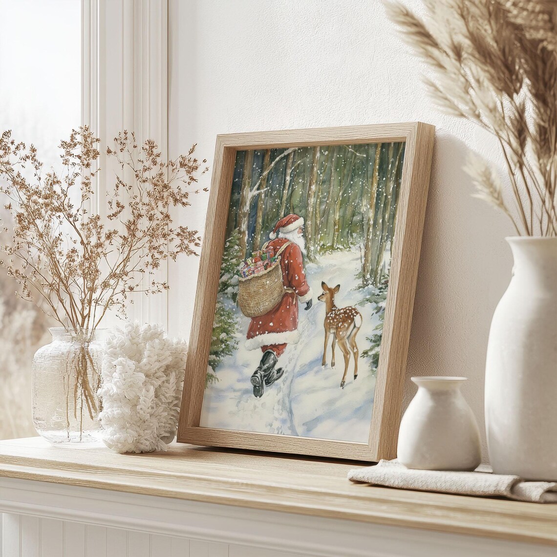 Santa and Fawn Walking Snowy Forest Watercolor Christmas Poster
