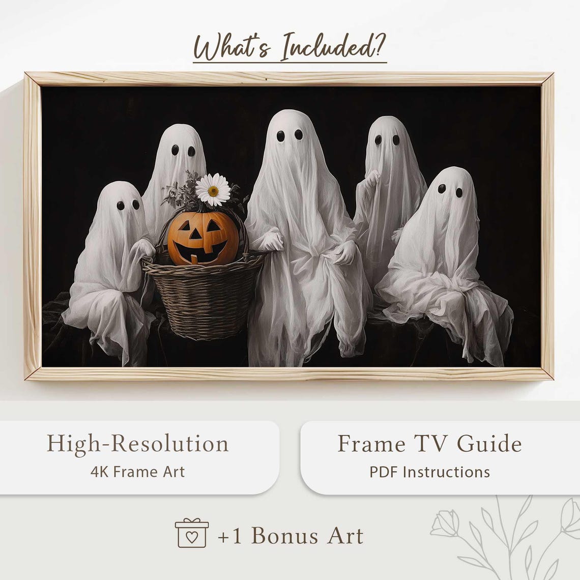 Ghostly Halloween Frame Tv Art Vintage Spooky Decor Cute Ghosts Tv Art Fall Halloween Display Retro Ghost Scene Pumpkin Tv Wall Art - Image 5