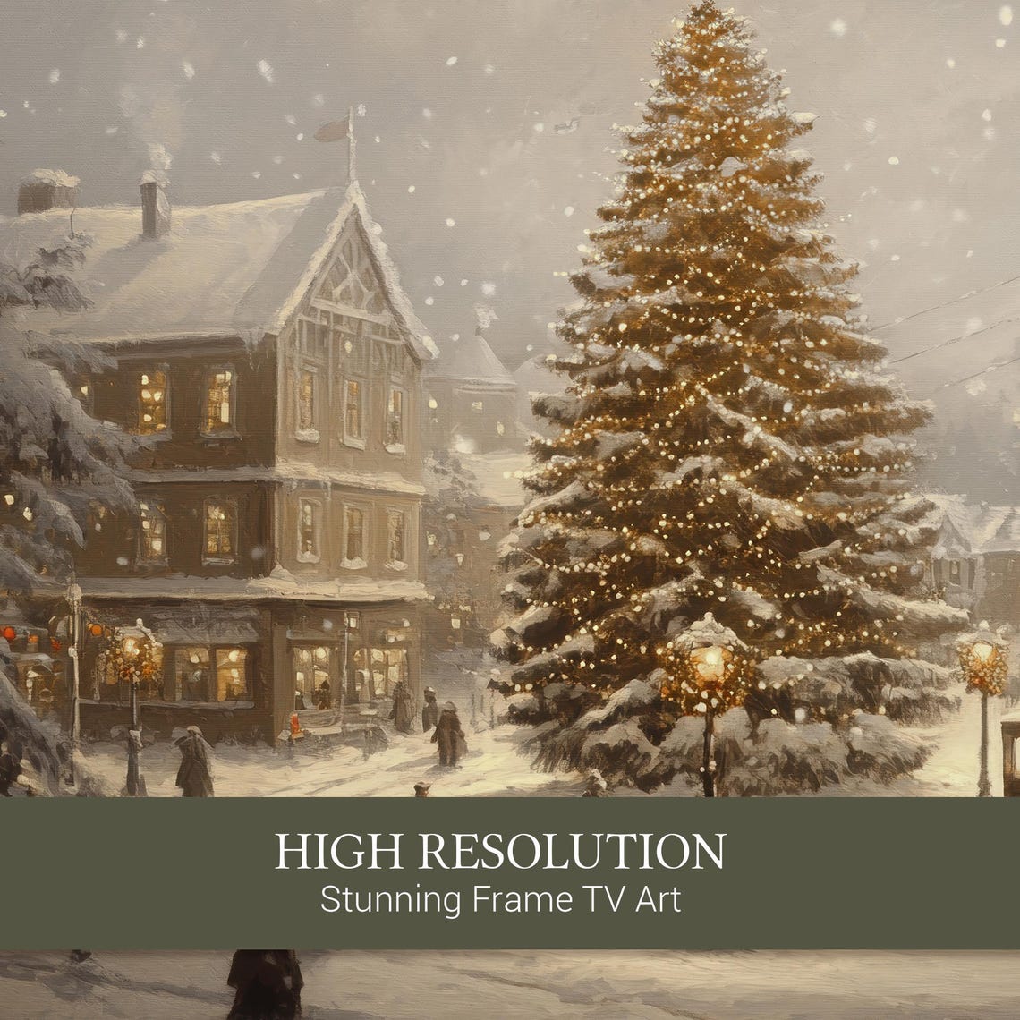 Snowy Mountain Village Christmas Tree and Trolley Scene Poster - Image 3