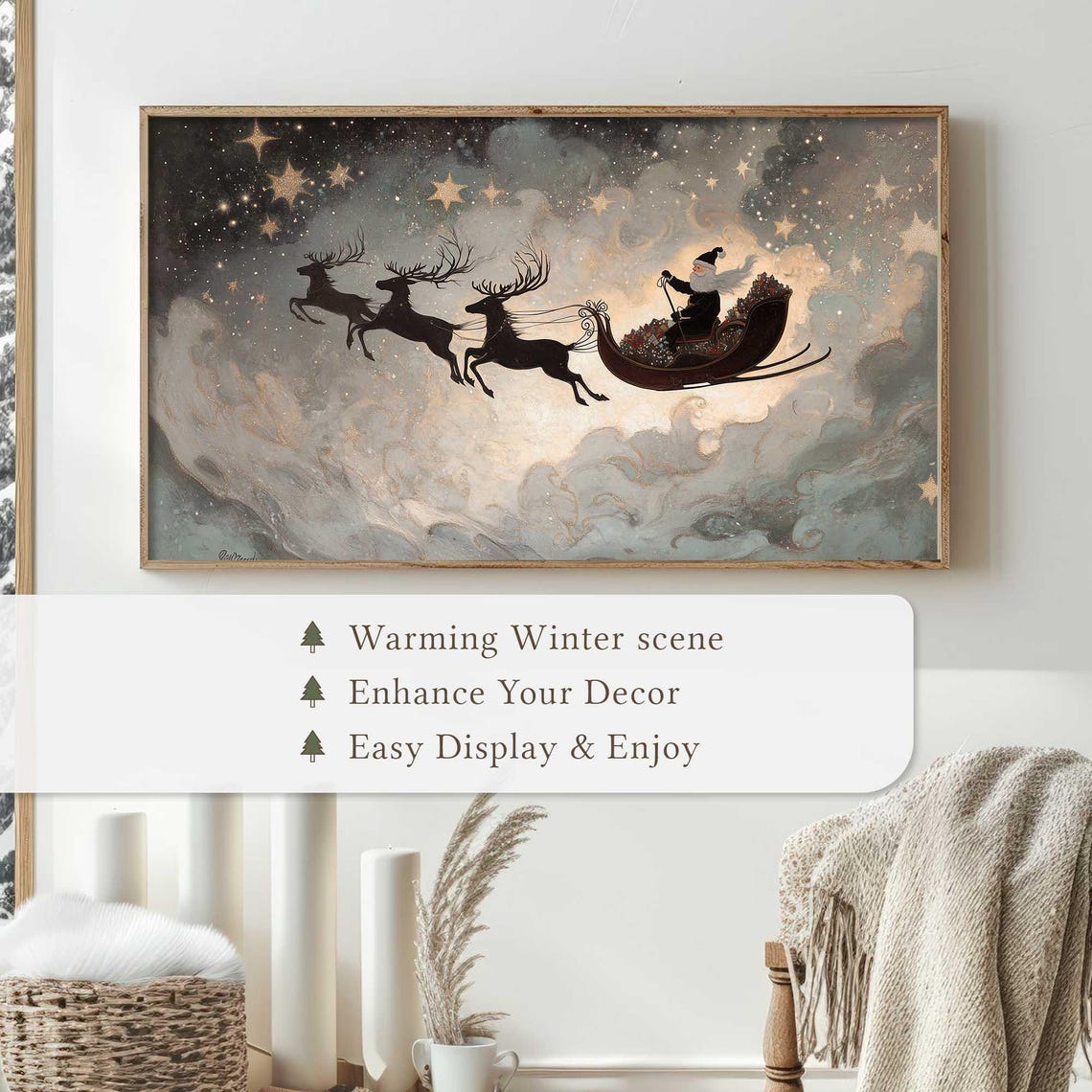 Santa Sleigh Reindeer Silhouettes Starry Night Christmas Wall Art - Image 4