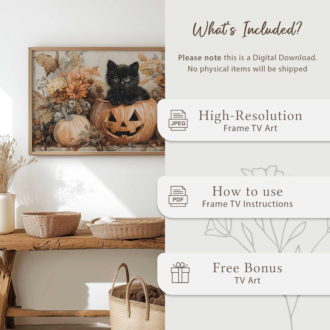 Black Cat In Jack O Lantern Halloween Pumpkin Patch Wall Art - Image 4