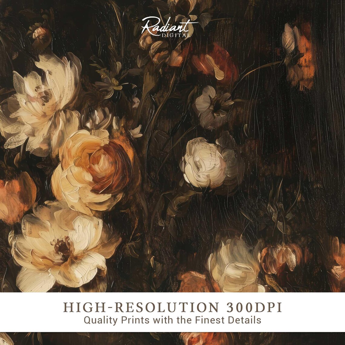 Dark Moody Rose Bouquet Black Background Oil Painting Art Print - Image 3