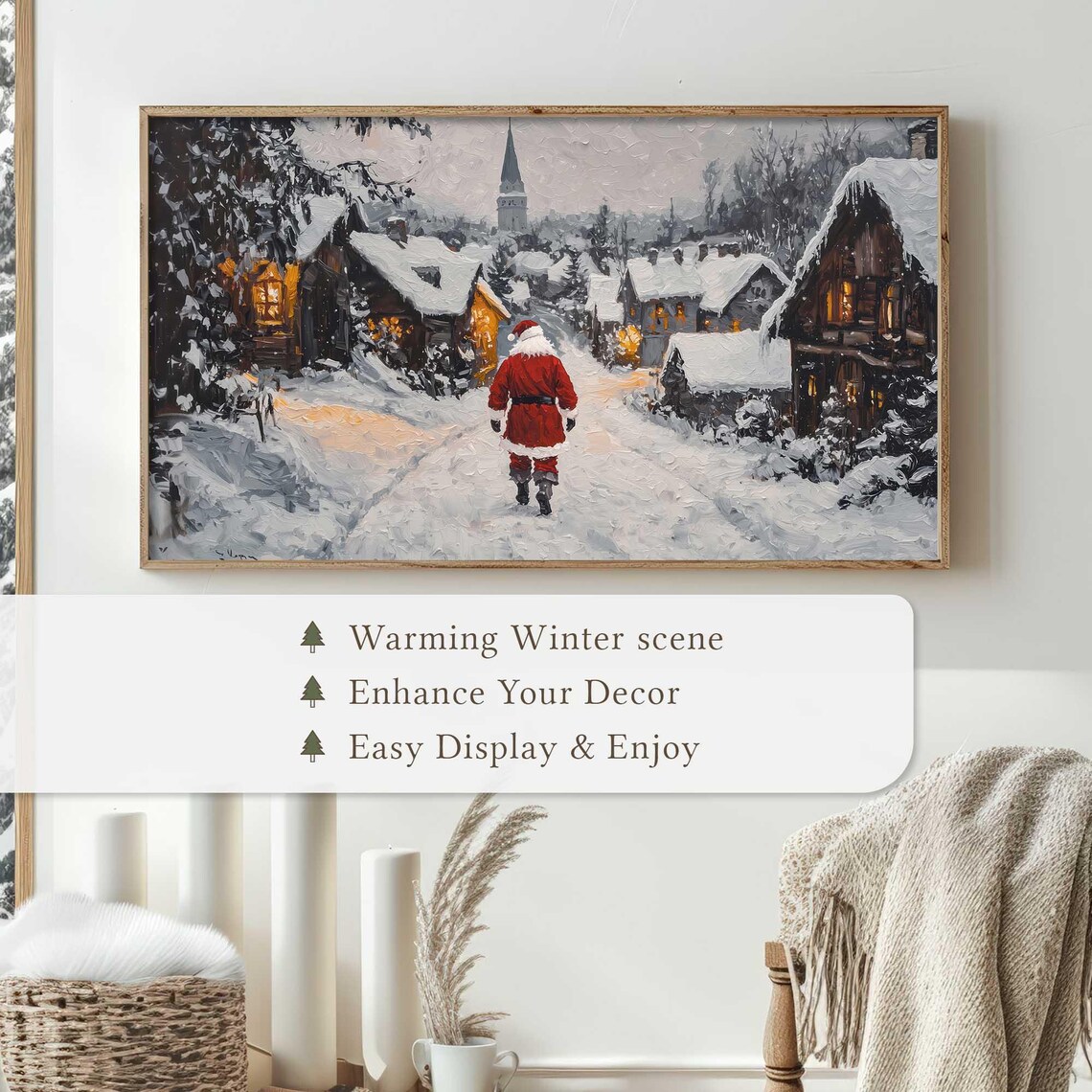 Santa Walking Snowy Village Street Church Steeple Winter Art Poster - Image 4