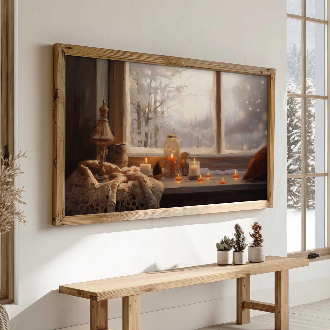 Cozy Winter Window Candlelight Frosty Snowfall View Wall Art - Image 3