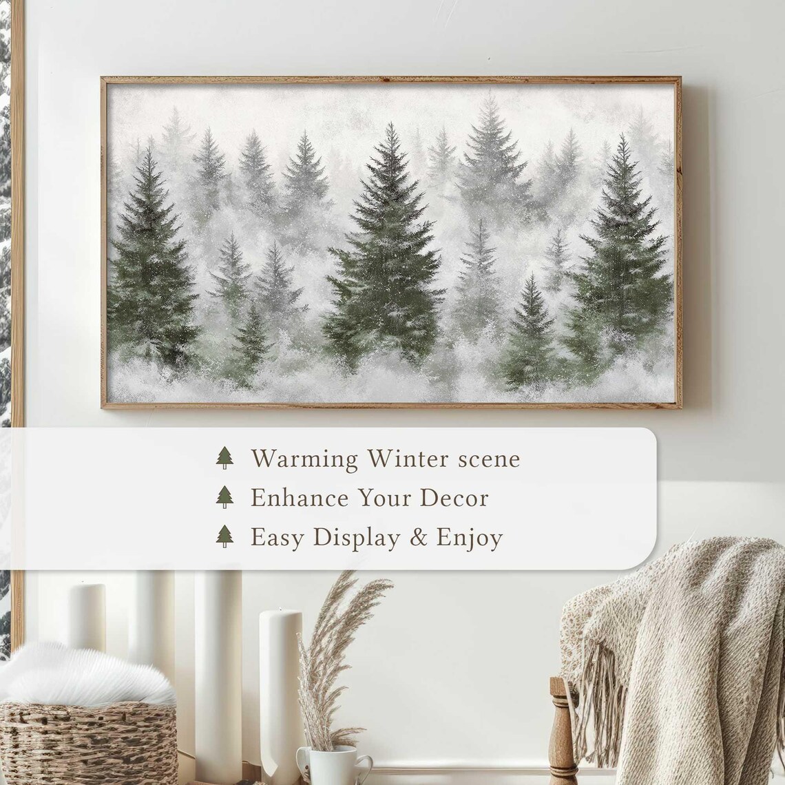 Misty Snowy Pine Forest Fog Watercolor Winter Woodland Wall Art - Image 4