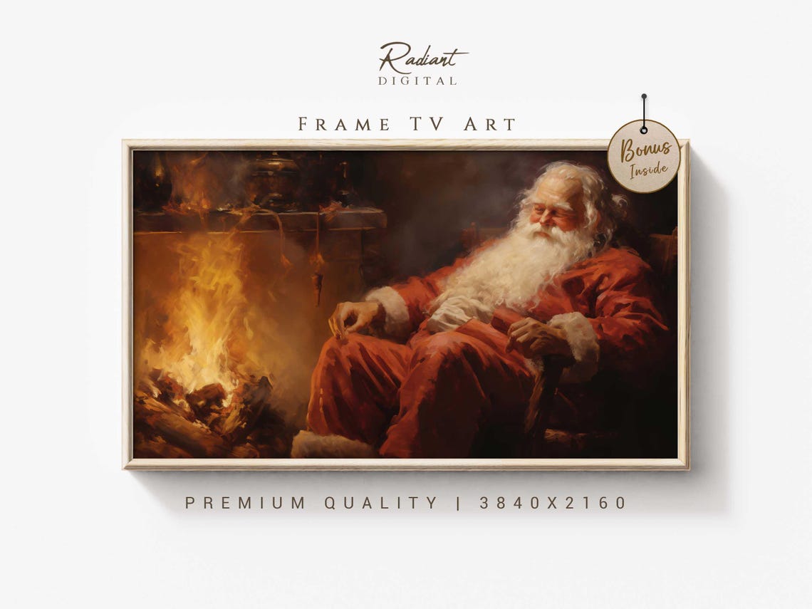 Santa Claus Resting by the Fireplace Christmas Watercolor Poster