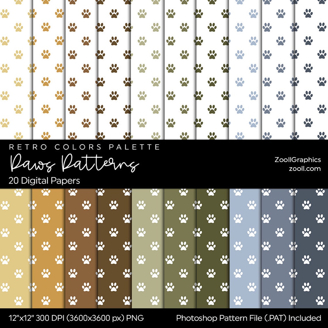 Paws Patterns 20 Retro Color Digital Scrapbook Paper Print Pack