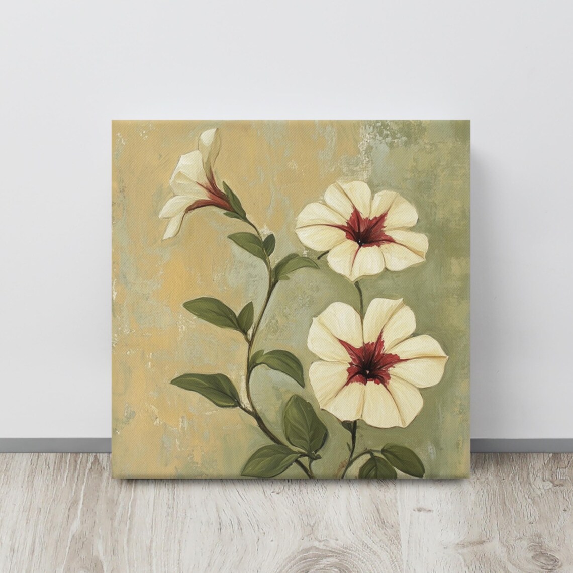 Cream Petunias Crimson Centers Vintage Botanical Art Wall Poster