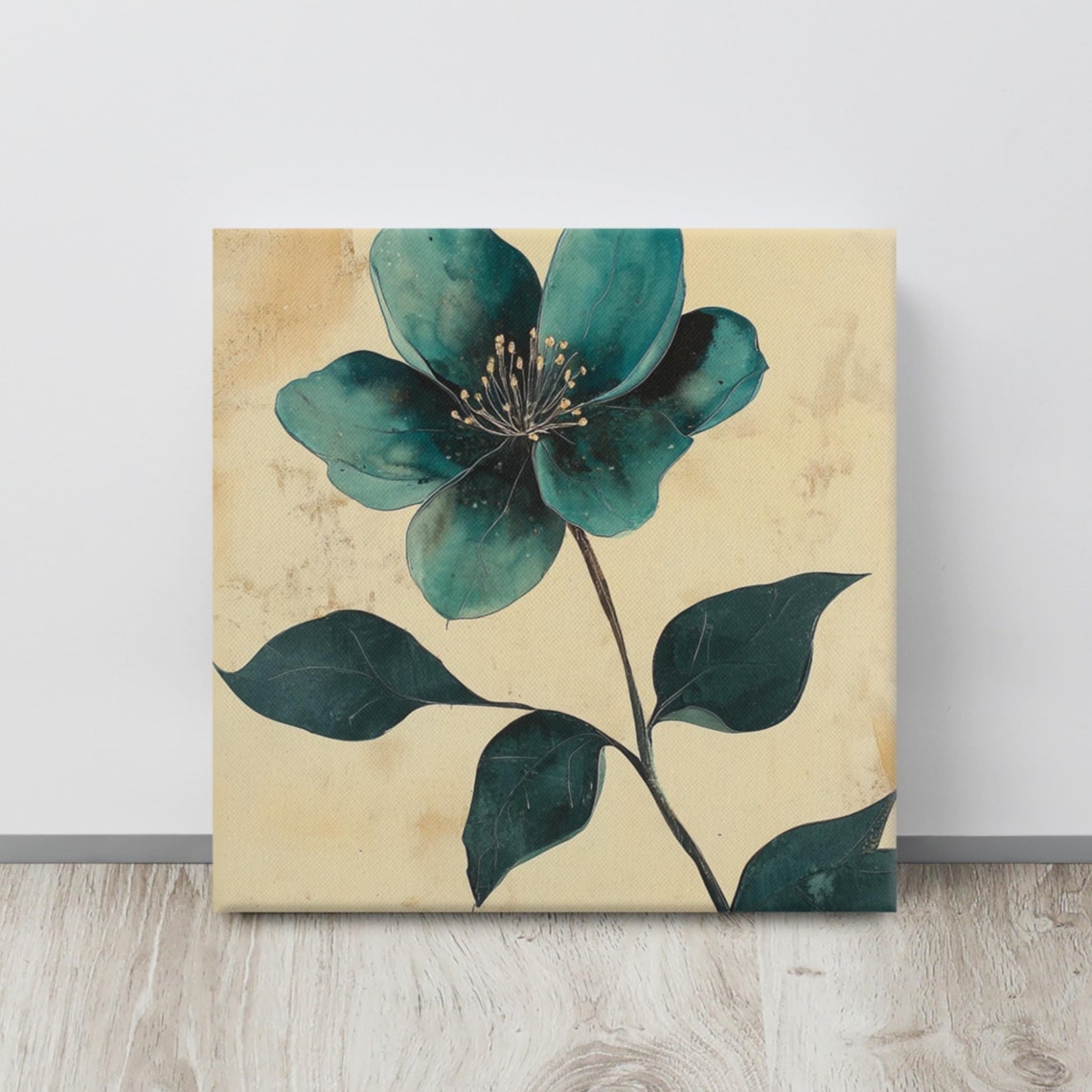 Teal Green Flower Gold Stamens Beige Botanical Painting Wall Art