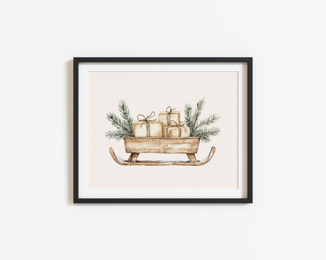 Christmas Sleigh with Gifts Watercolor Neutral Holiday Poster - Image 2